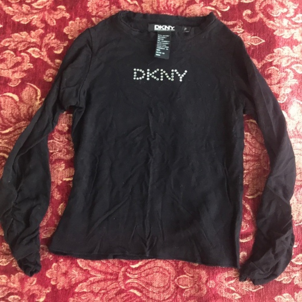 DKNY Kids Rhinestone Logo Black Ruched Sleeve Top Girls 3T
